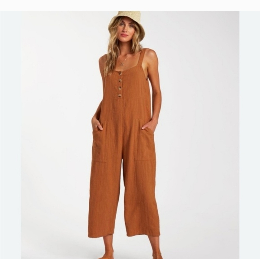 NWT Billabong Daydream Coral  Rust Tan Jumpsuit Button Front Tab Overall M - Picture 2 of 16
